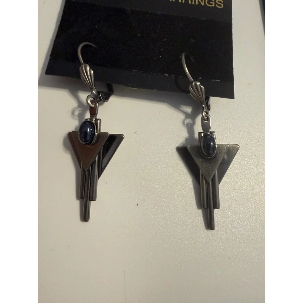 Gunmetal Art Deco Geometric Drop Earrings Blue Cabochon Lever Back 2 Inch